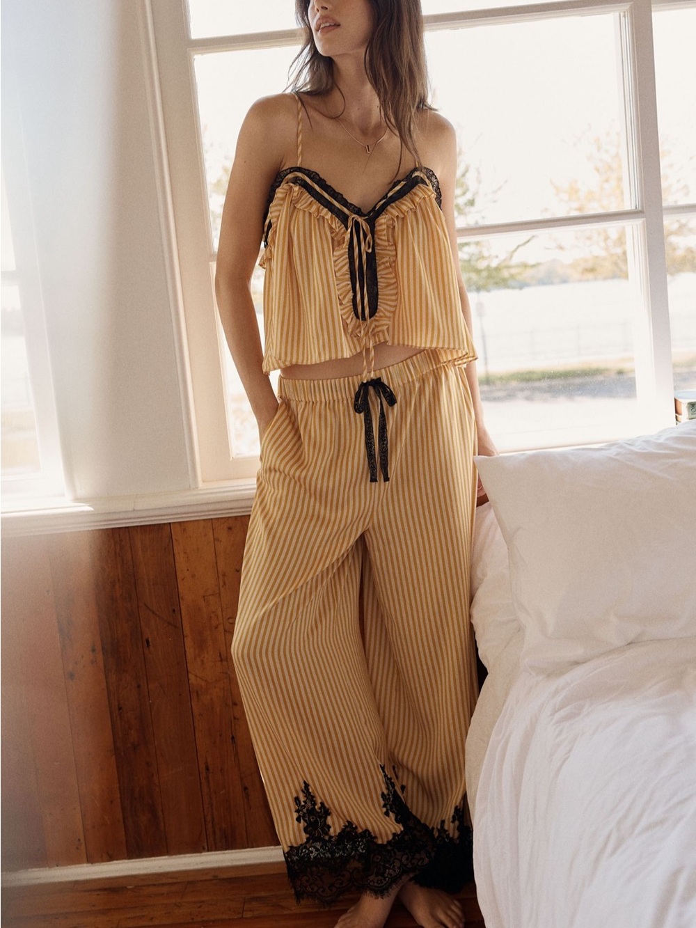 Anthropologie LyreBird Striped Satin Wide-Leg Pajama Set with Black Lace Trim